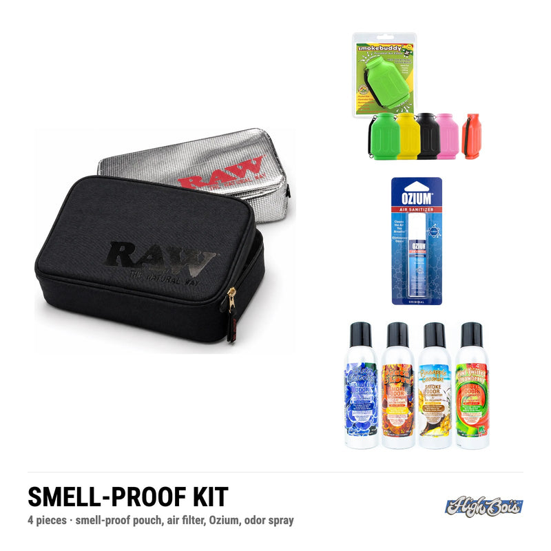 HIGHBOIS Smell-Proof Kit: RAW Black smell-proof smoker's pouch, medium (holds an ounce), Smokebuddy Junior personal air filter, Ozium air sanitizer, 0.8oz, Smoke Odor Exterminator spray, 7oz