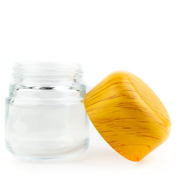 Child Resistant Clear Glass Dome Flint Jar with Wooden Lid (2oz. and 4oz.)