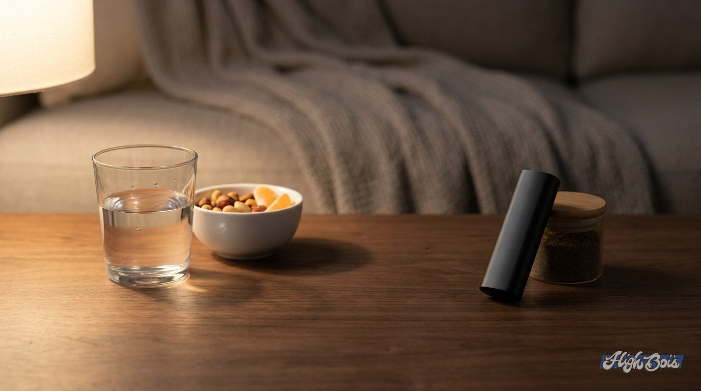 A calm evening setting with a glass of water, a small snack and a vaporizer on a table