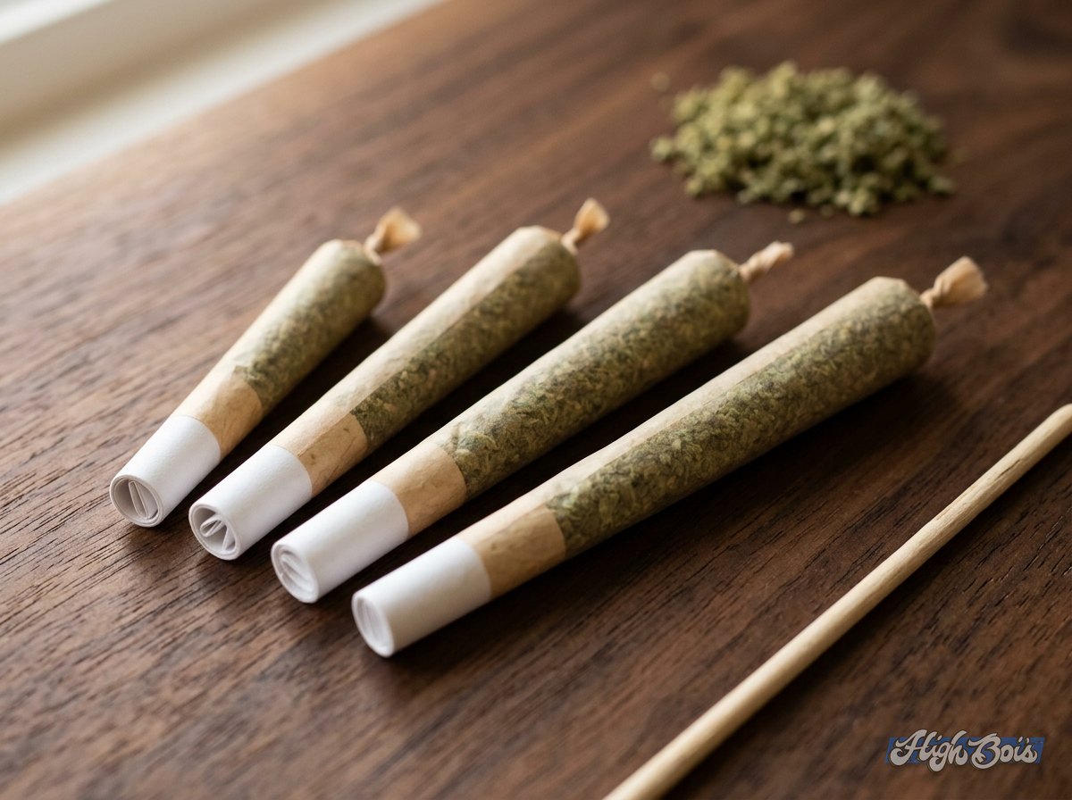 Filled pre-rolled cones in four sizes side by side, from a short cone to a king size