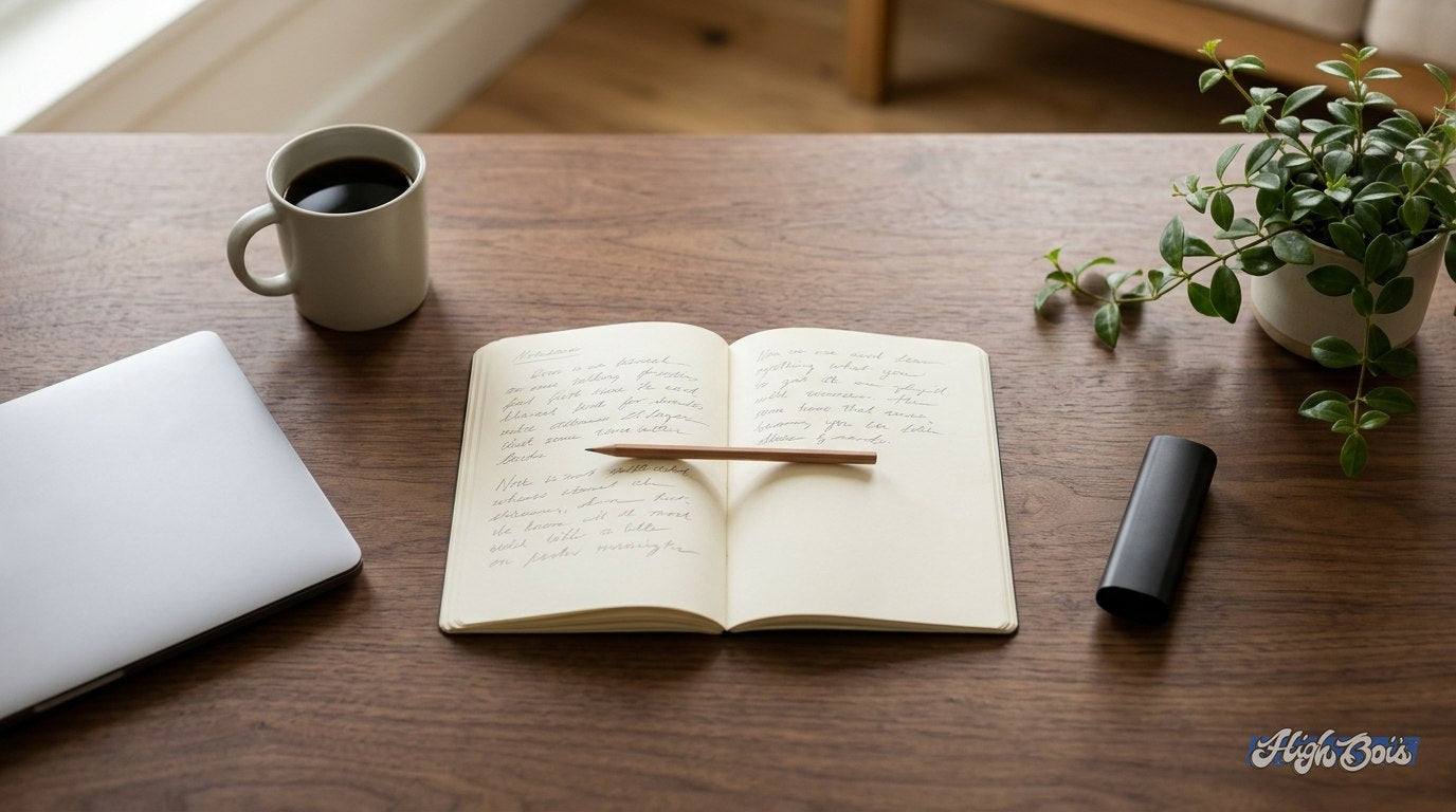 A tidy desk with a notebook, a laptop and a small dry herb vaporizer