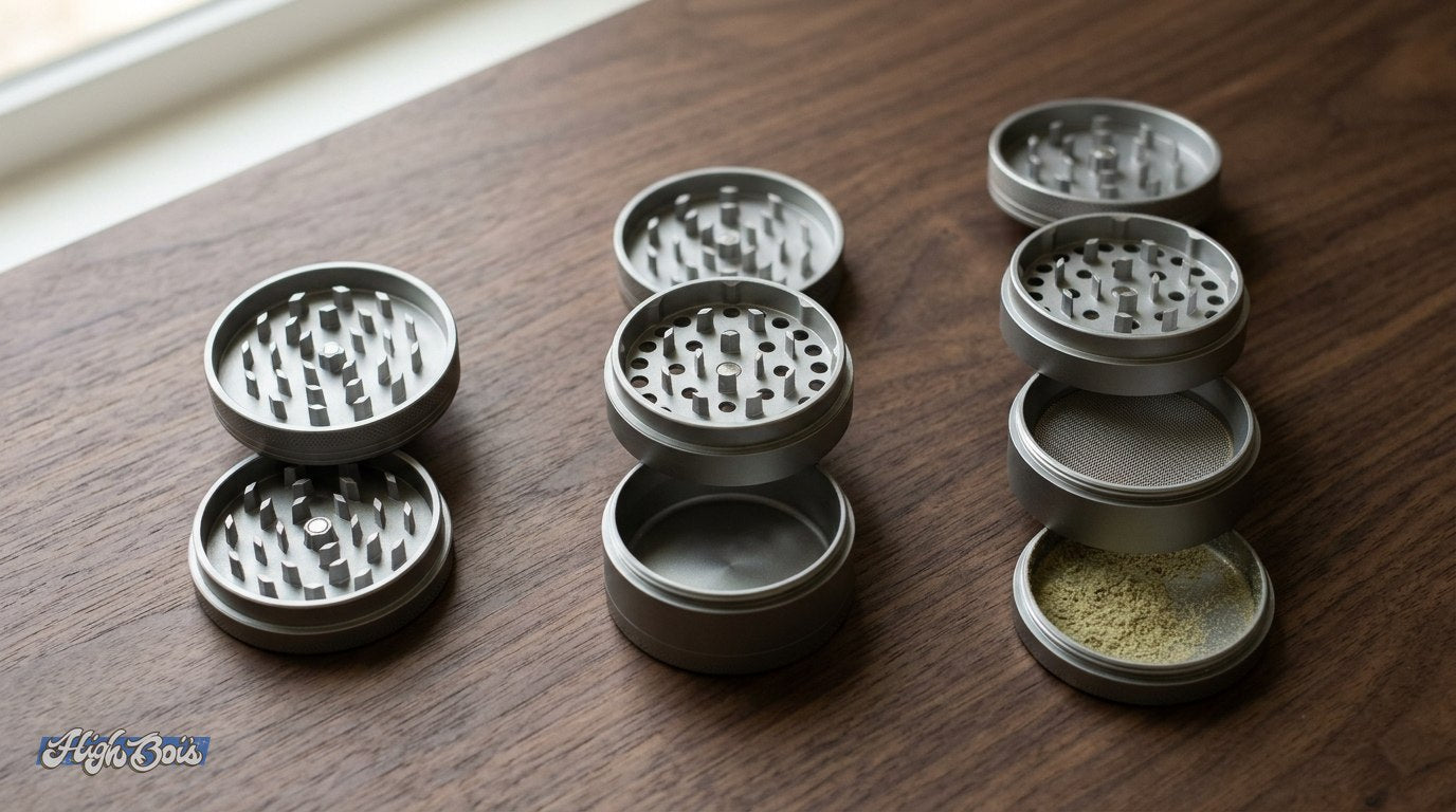 A 2-piece, 3-piece and 4-piece grinder taken apart side by side