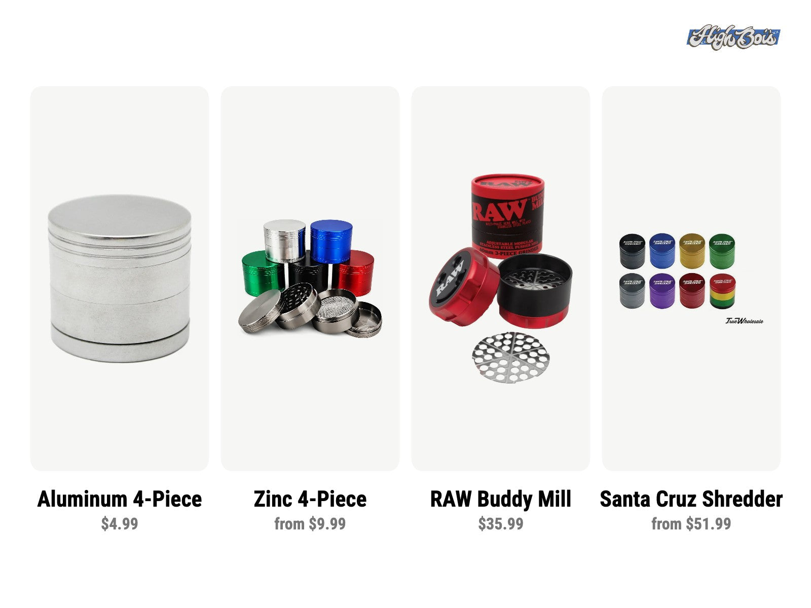 Aluminum, zinc and Santa Cruz Shredder herb grinders side by side
