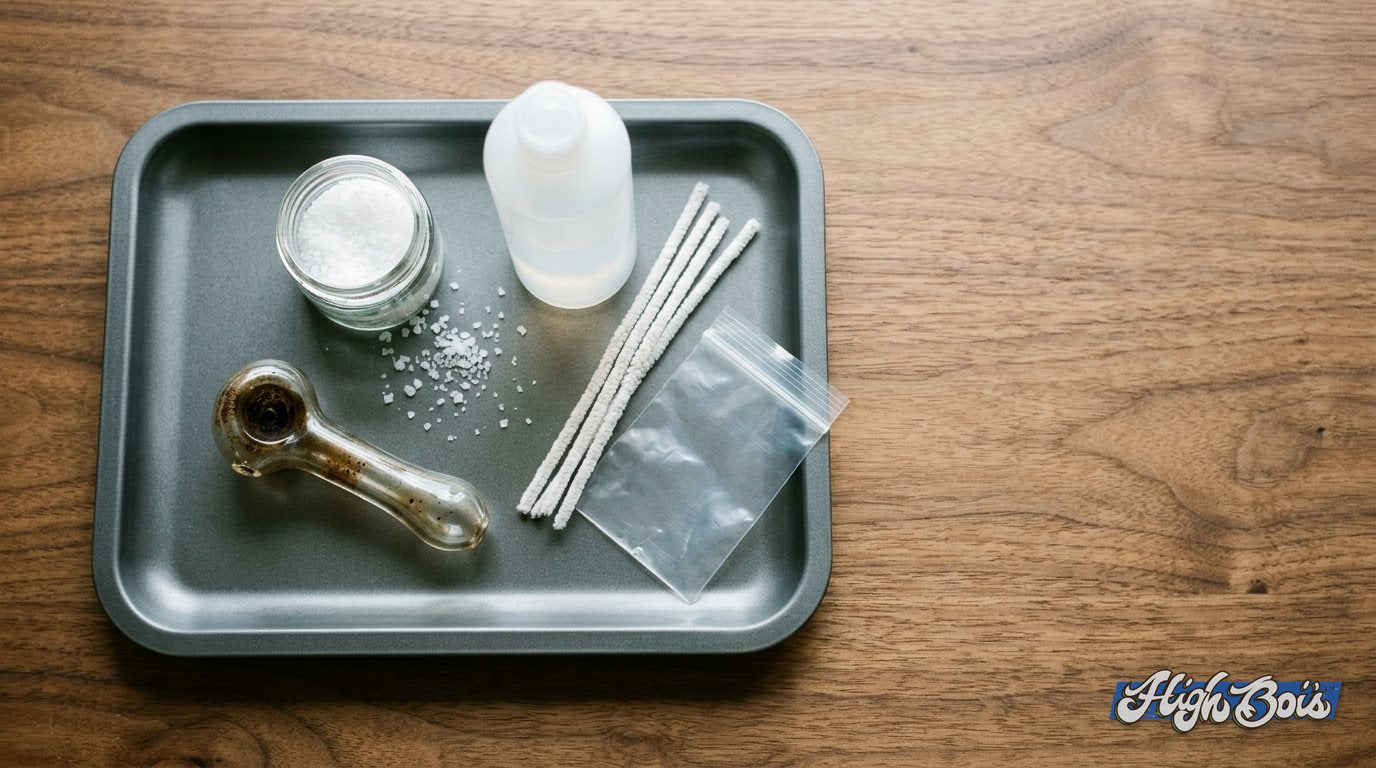 A dirty glass pipe next to coarse salt, isopropyl alcohol and pipe cleaners on a charcoal tray