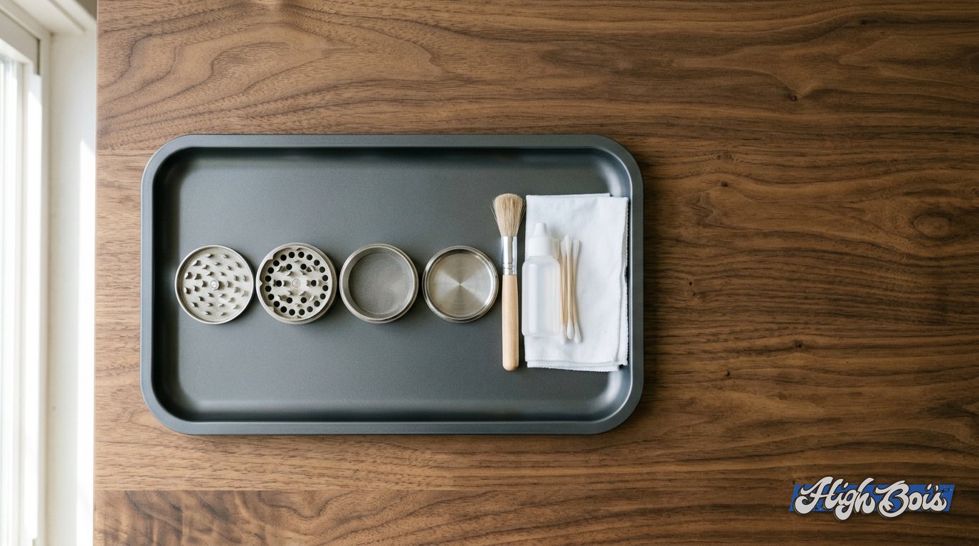 A four-piece metal herb grinder taken apart with a cleaning brush and alcohol