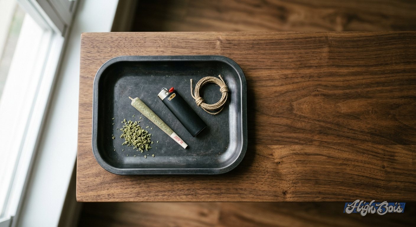 A pre-rolled cone and a lighter on a dark rolling tray