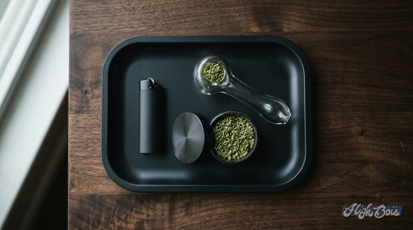 A packed glass pipe bowl next to a grinder and a lighter on a dark rolling tray