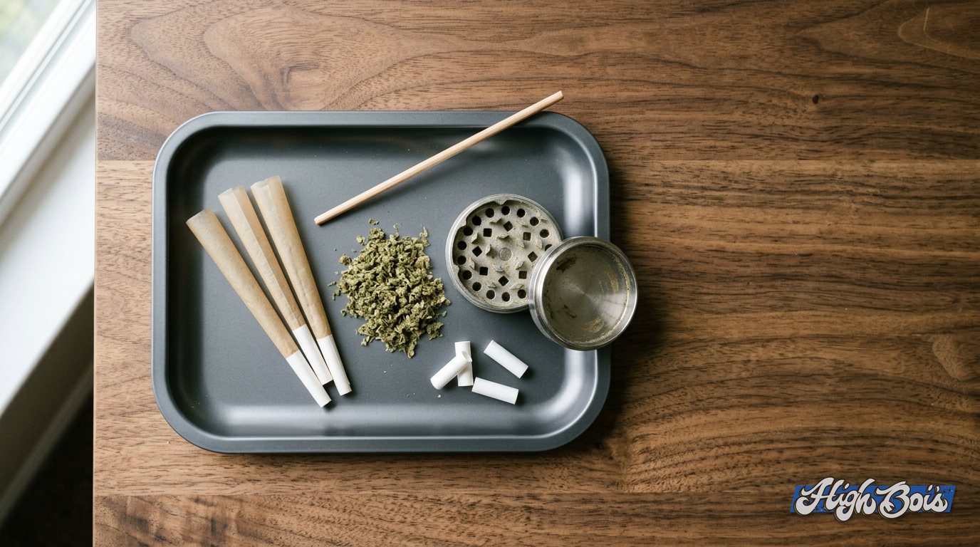 Pre-rolled cones, ground herb and a grinder on a charcoal rolling tray