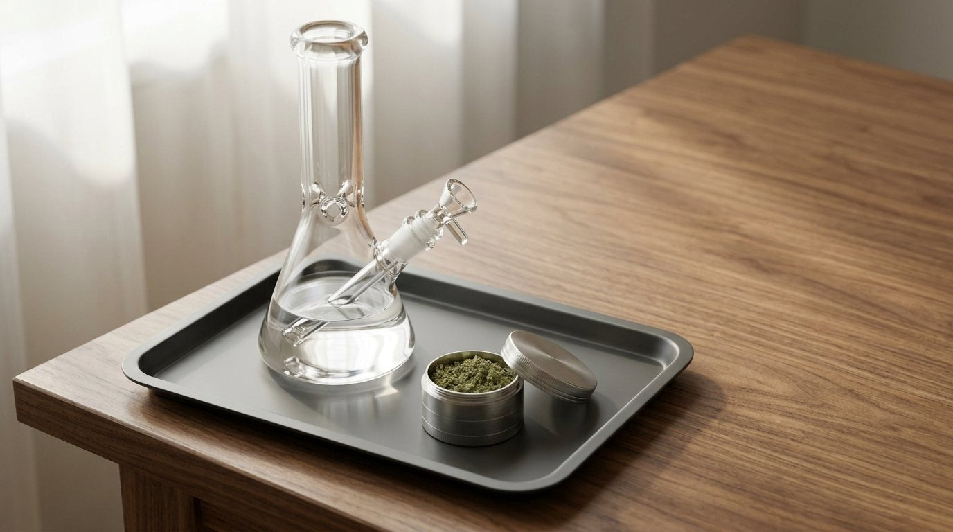 A clear glass bong with a grinder and ground herb on a charcoal tray