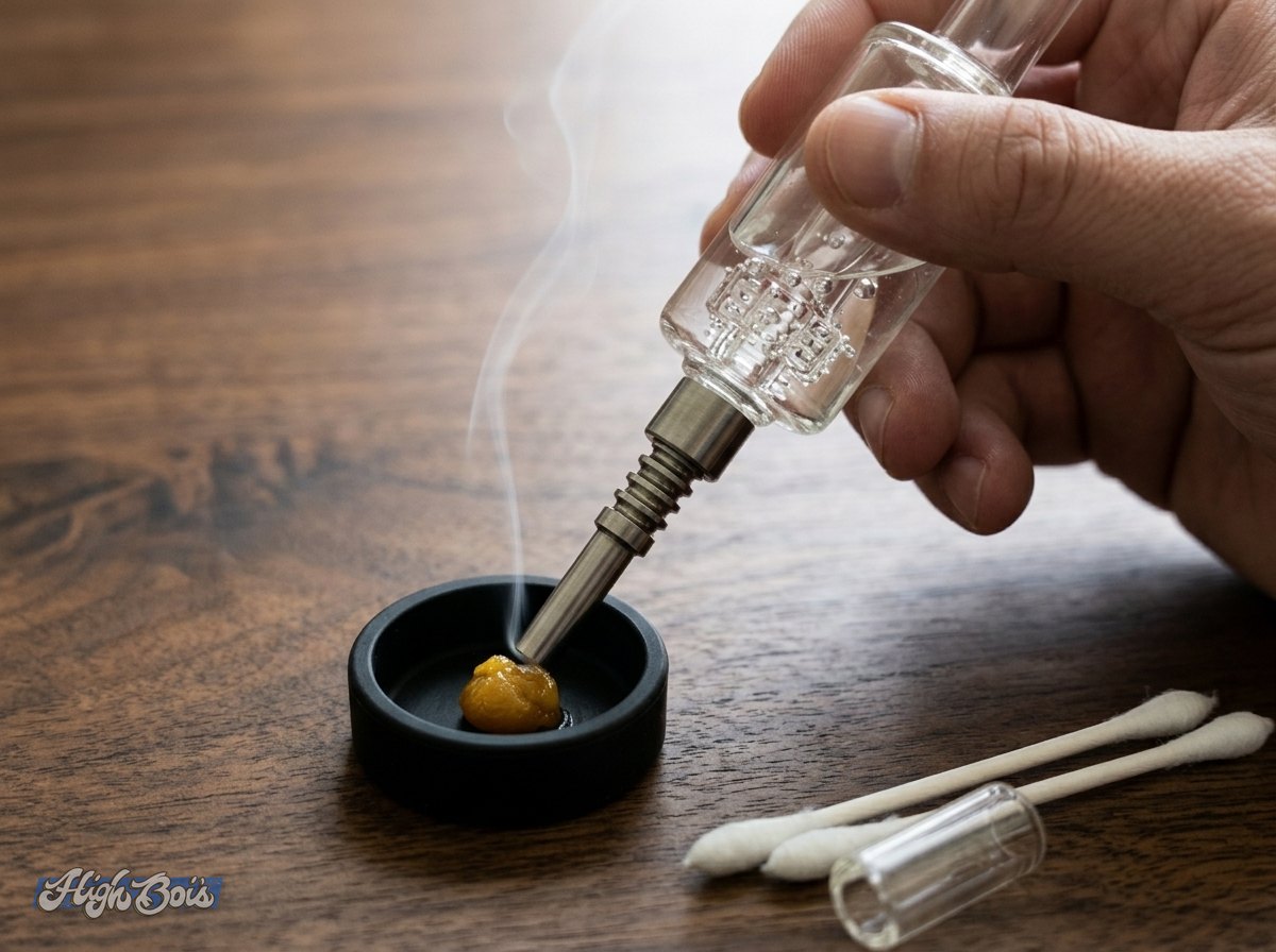 Touching the titanium tip of a glass nectar collector to concentrate in a silicone dish