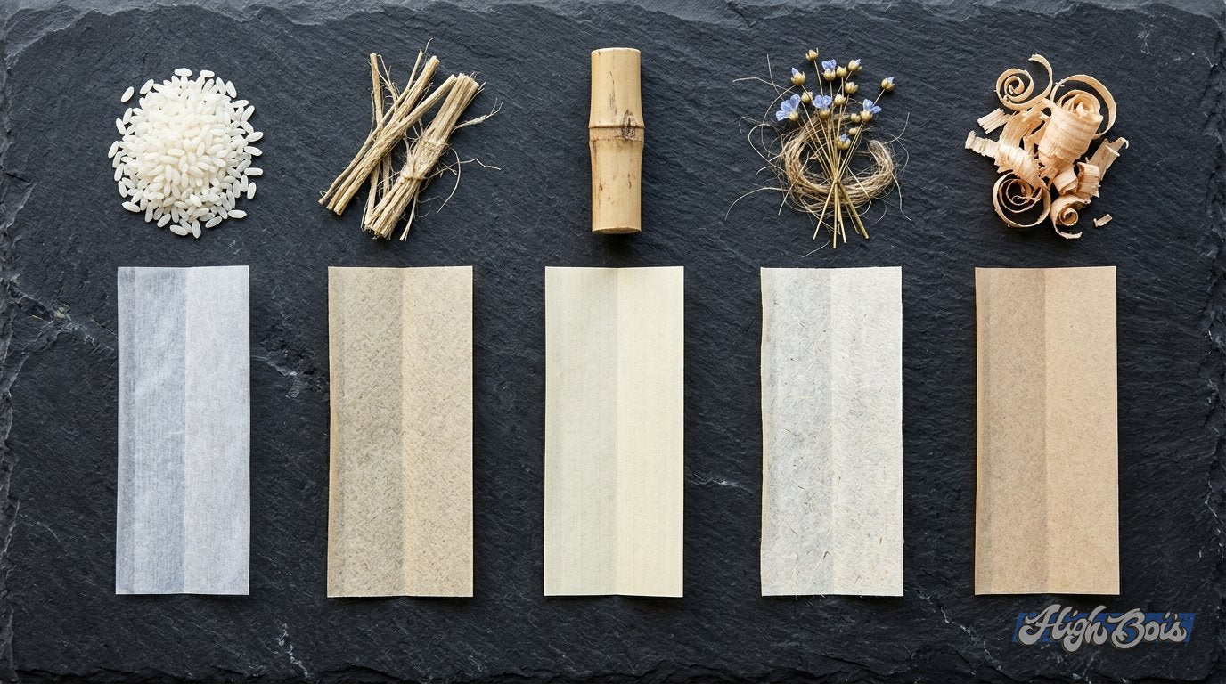 Rice, hemp, bamboo, flax and wood rolling papers with the plants they're made from