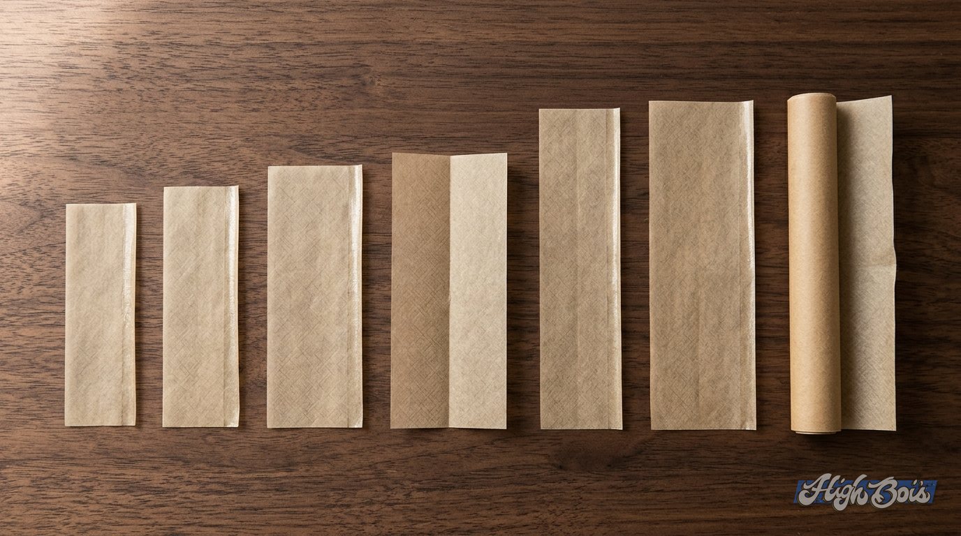 RAW rolling paper sizes from single wide to king size and a roll, side by side