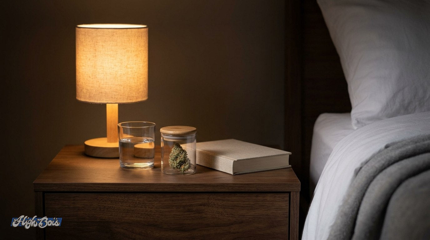 A nightstand with a lamp, a glass of water and a small cannabis jar
