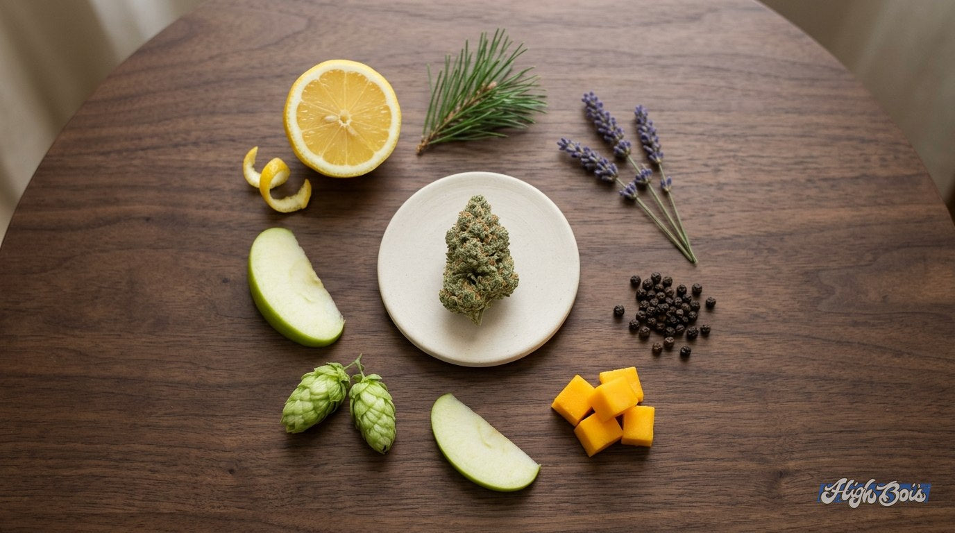 Cannabis flower surrounded by lemon, pine, lavender, black pepper, mango and hops