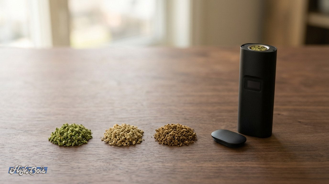 A dry herb vaporizer next to small piles of fresh and vaped flower