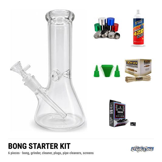 HIGHBOIS Bong Starter Kit: 10" clear 5mm glass beaker bong, bowl and downstem included, 4-piece grinder, 50mm, 420 Cleaner, 12oz, Hemper cleaning plugs and caps, Zen soft pipe cleaners, 6 pack, Stainless steel screens, assorted sizes card