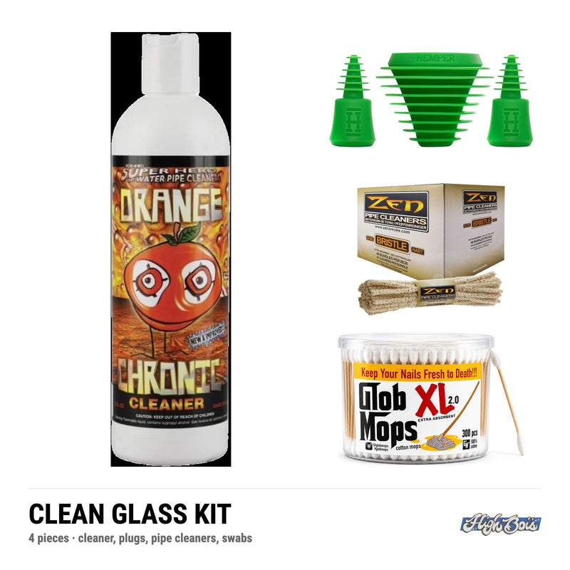 HIGHBOIS Clean Glass Kit: Orange Chronic cleaner, 12oz, Hemper cleaning plugs and caps, Zen soft pipe cleaners, 6 pack, Glob Mops XL cotton swabs, jar of 300