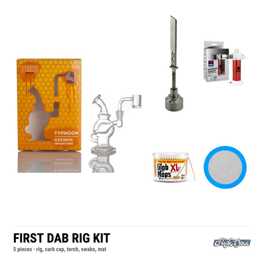 HIGHBOIS First Dab Rig Kit: Stokes Typhoon 4.7" glass dab rig, 10mm banger included, Sword stainless steel carb cap dabber, Newport Zero mini torch, Glob Mops XL cotton swabs, jar of 300, 8" round silicone dab mat